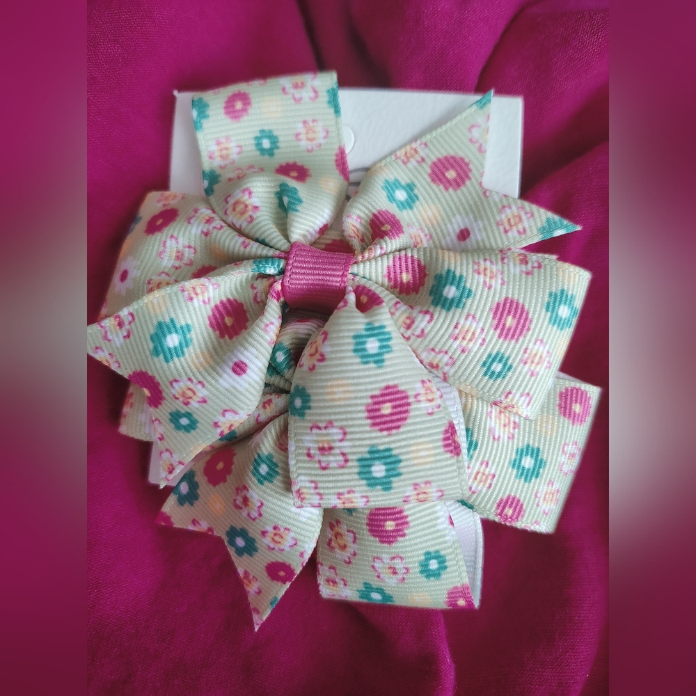 Floral Kids Hair Bow - Pink and Green